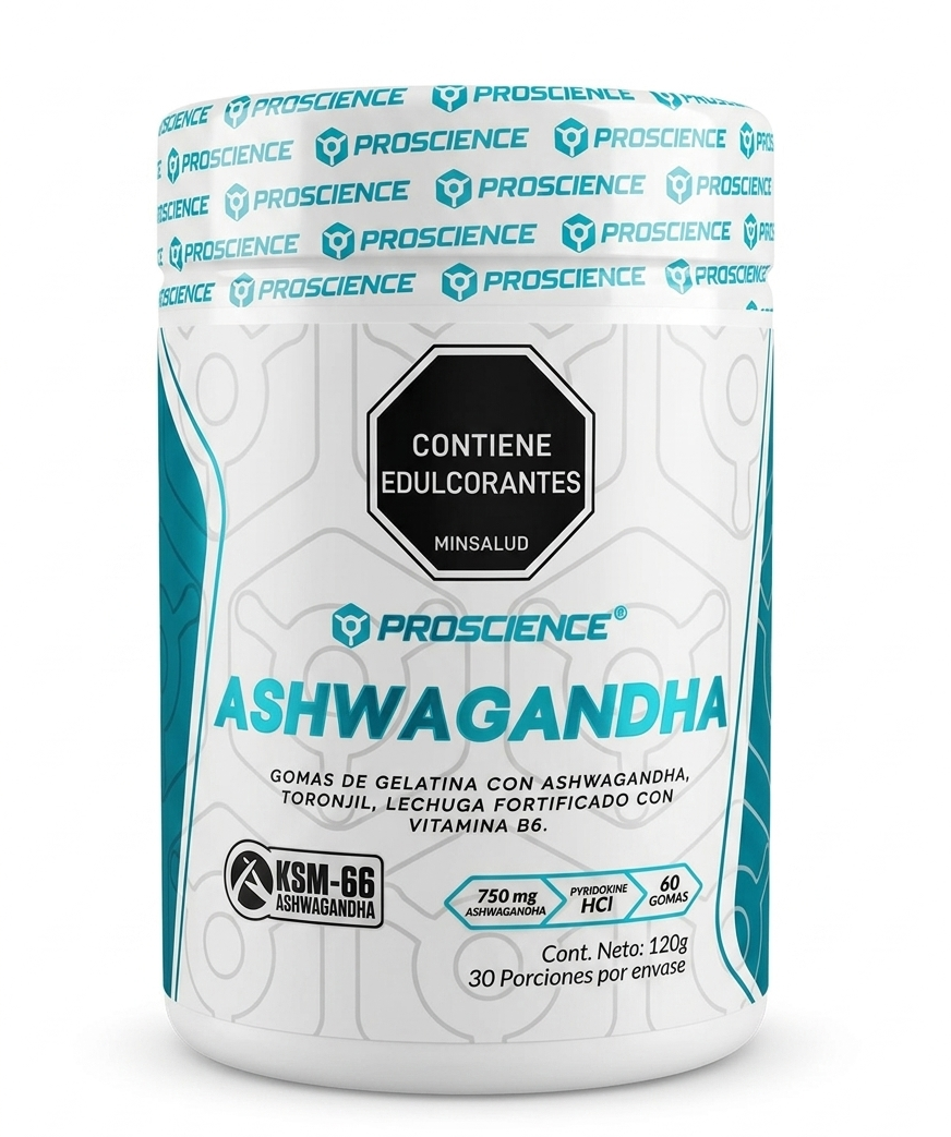 Frasco de suplemento dietético de ashwagandha con etiqueta blanca, turquesa y negra.