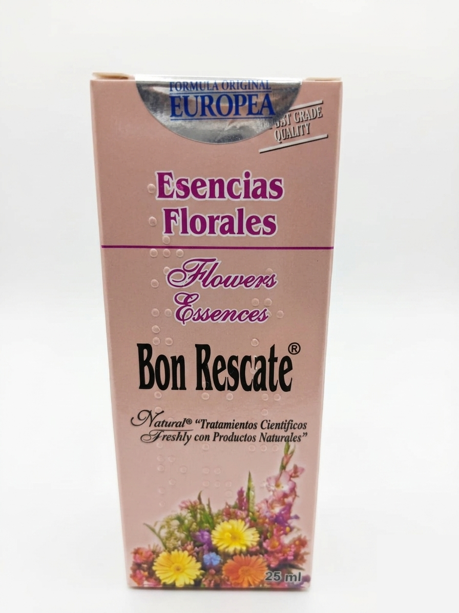 Caja rosa de esencias florales “Bon Rescate” con flores en la base