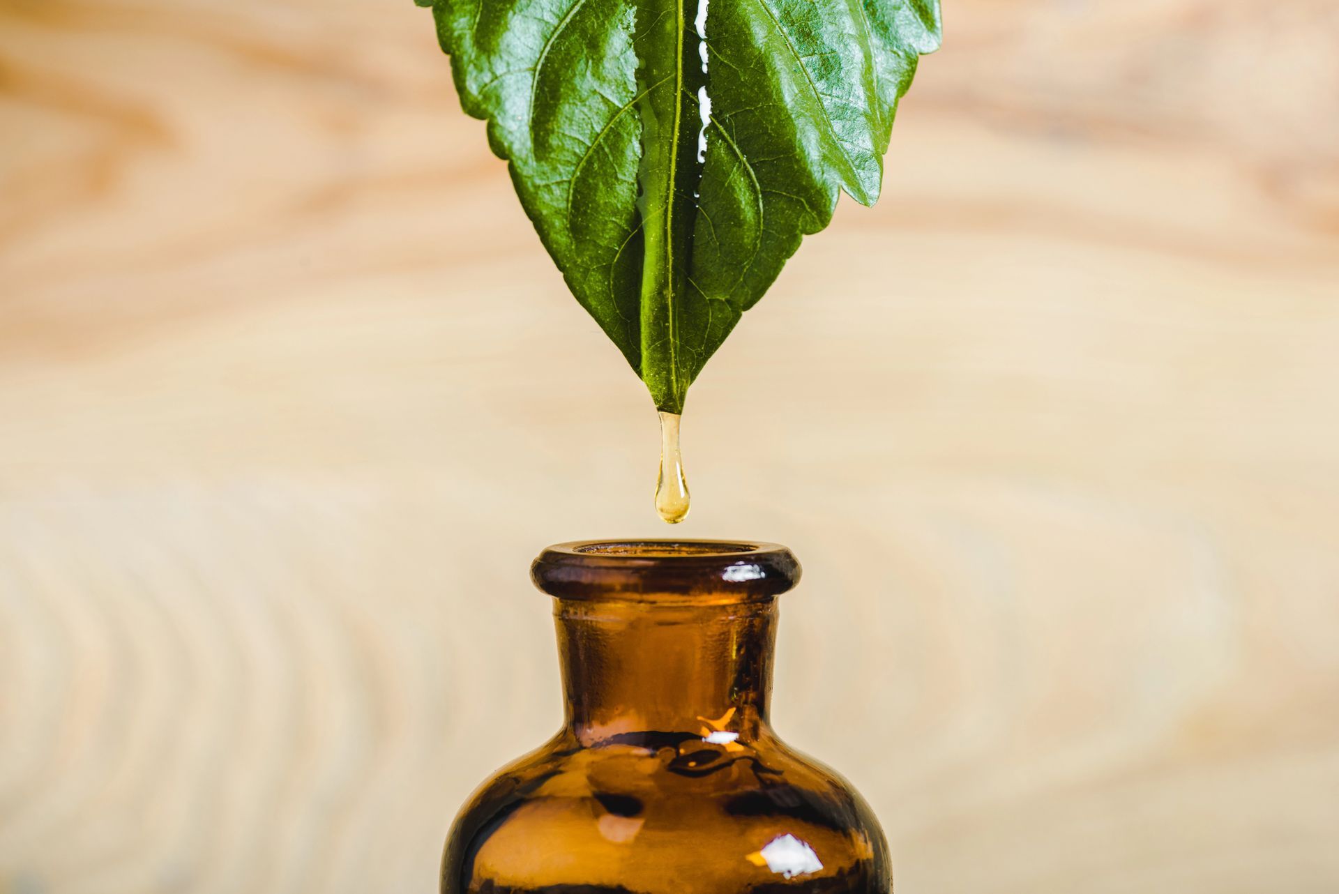 Una hoja verde gotea líquido en una botella de vidrio ámbar sobre un fondo de madera clara.