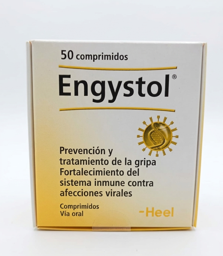 Caja blanca y amarilla de Engystol, 50 comprimidos, para prevención y tratamiento de gripe y resfriados.