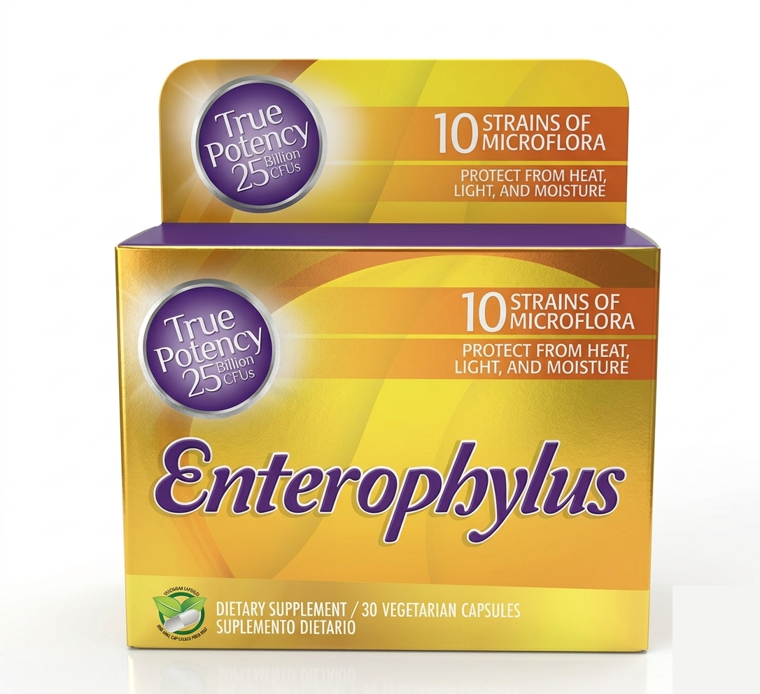 Caja de probióticos Enterophylus en envase amarillo y morado, vista frontal y superior.
