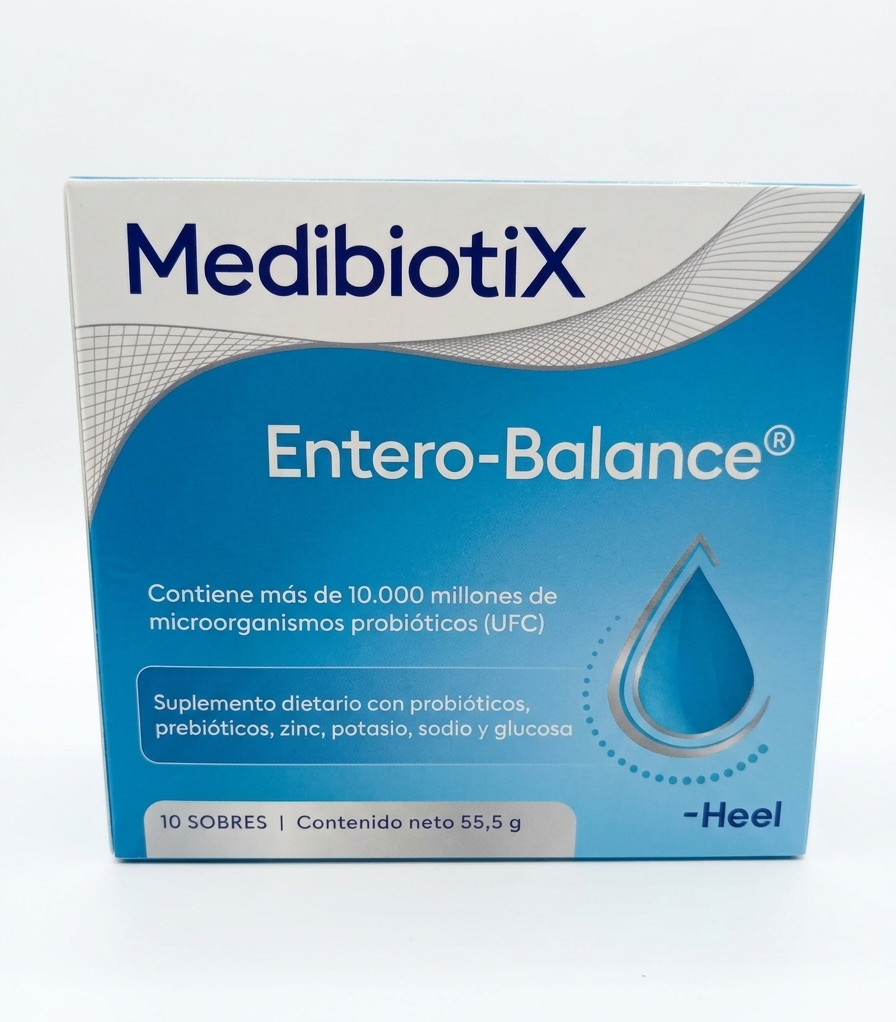 Caja de suplemento probiótico MediBiotix Entero-Balance, envase azul y blanco.