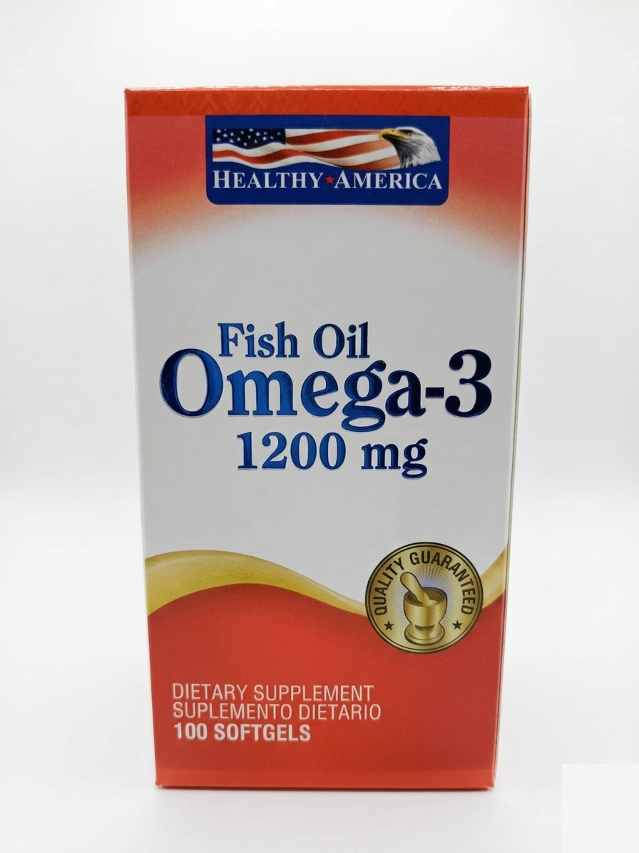 Aceite de pescado Omega-3 de Healthy America, botella de 1200 mg con etiqueta naranja y blanca.