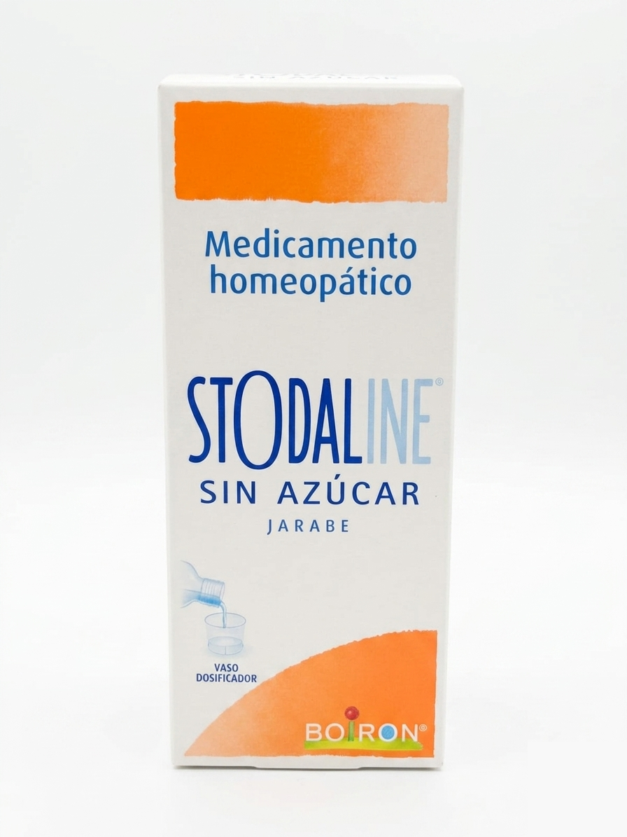 Caja de medicamento homeopático Stodaline sin azúcar, blanca con texto azul y naranja.