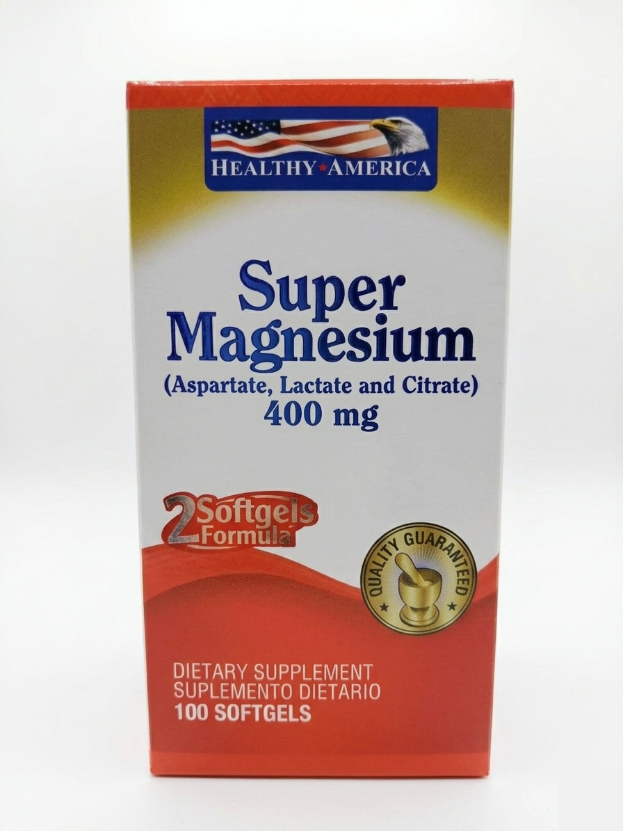 Frasco rojo y blanco de cápsulas blandas de Super Magnesio 400 mg de Health America