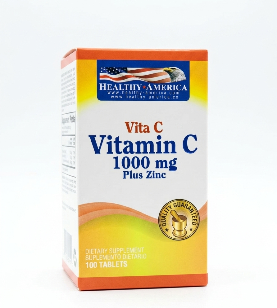 Caja de suplemento de vitamina C de 1000 mg más zinc, envase blanco y naranja.