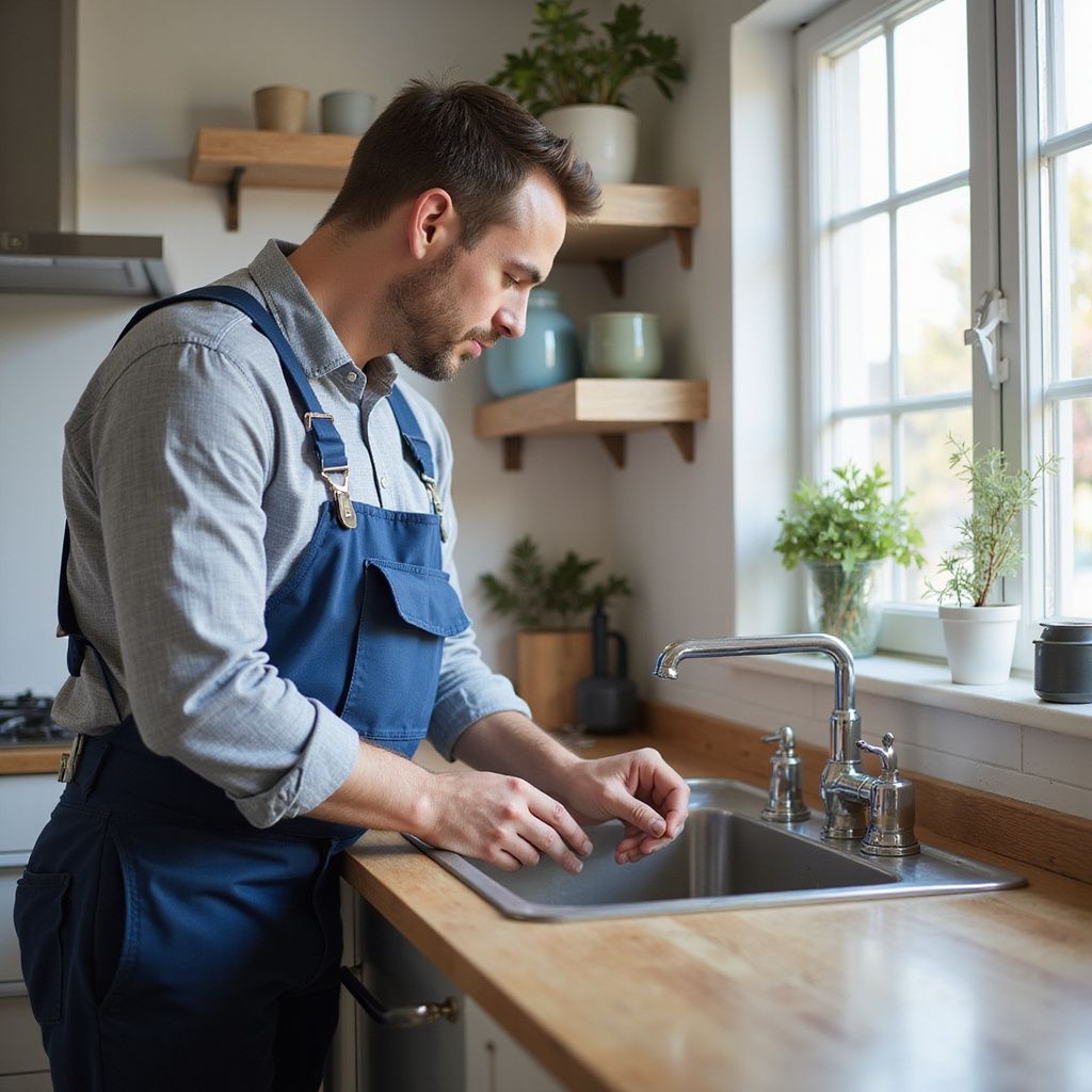 Plumber in blue overalls working on a kitchen sink near a window with plants.