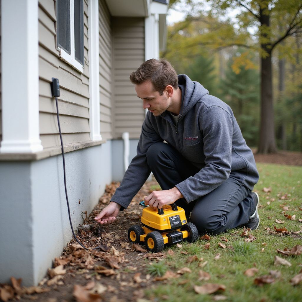 Man inspects lawn near a house, using a small yellow robot.