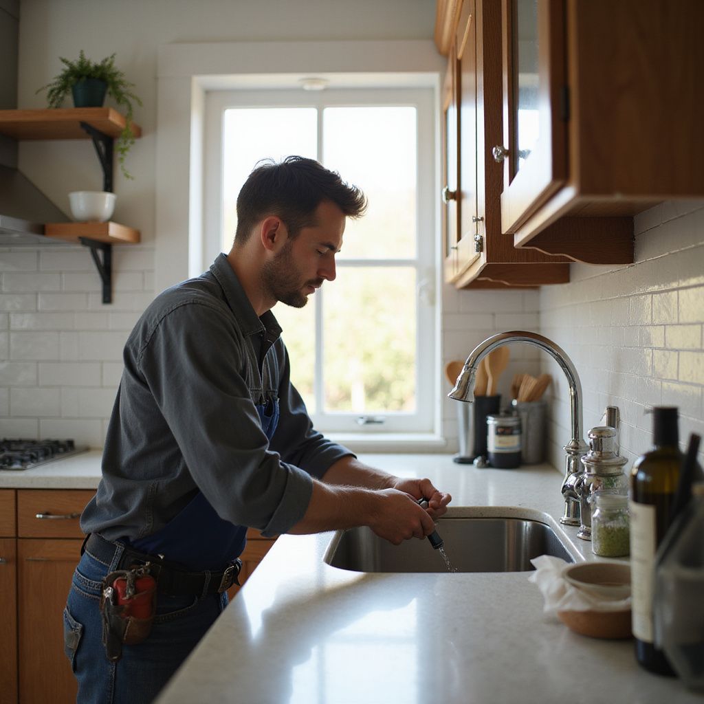 Plumber working on a kitchen sink, wearing work attire, near a window and cabinets.