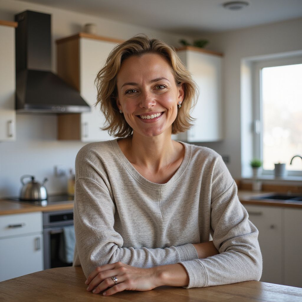 Woman in a kitchen smiles, arms crossed. Blonde hair, neutral sweater, light wood table. Kitchen with white cabinets in background.