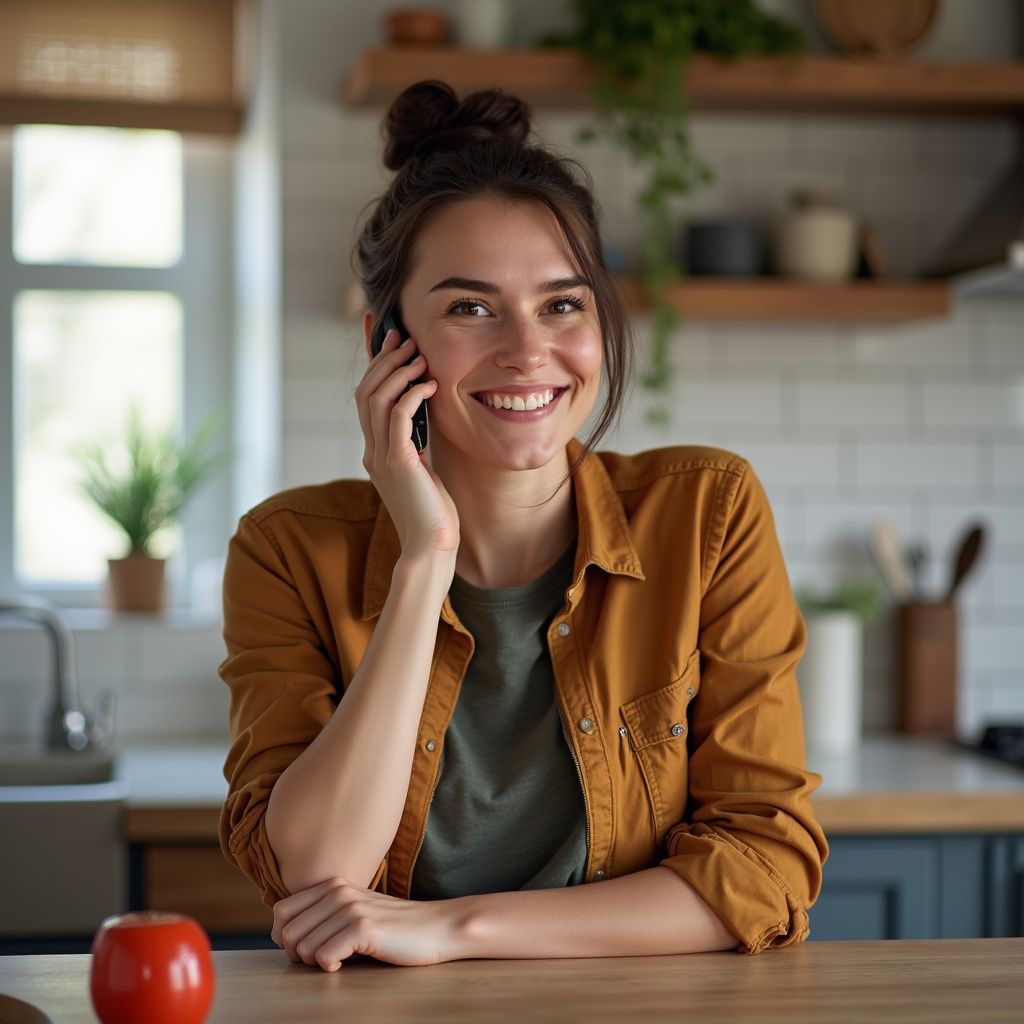 Woman smiling, talking on a phone, leaning on a kitchen counter. Wearing a brown shirt, hair in a bun.