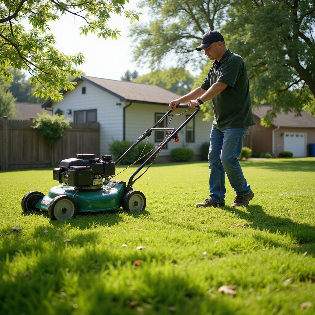 Man mowing a green lawn with a push mower in a sunny residential yard.