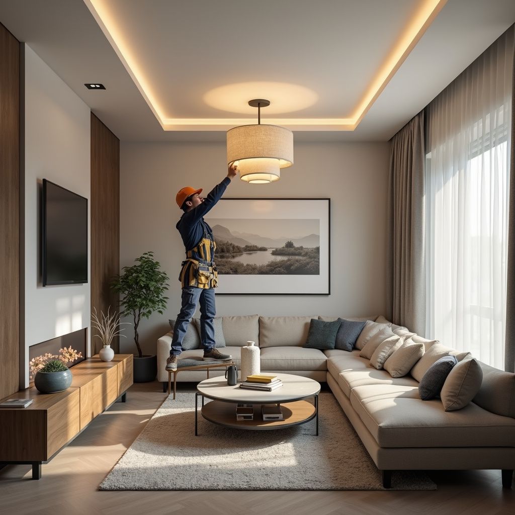 Person on ladder installing a light fixture in a modern living room with neutral colors, a fireplace, and sectional sofa.