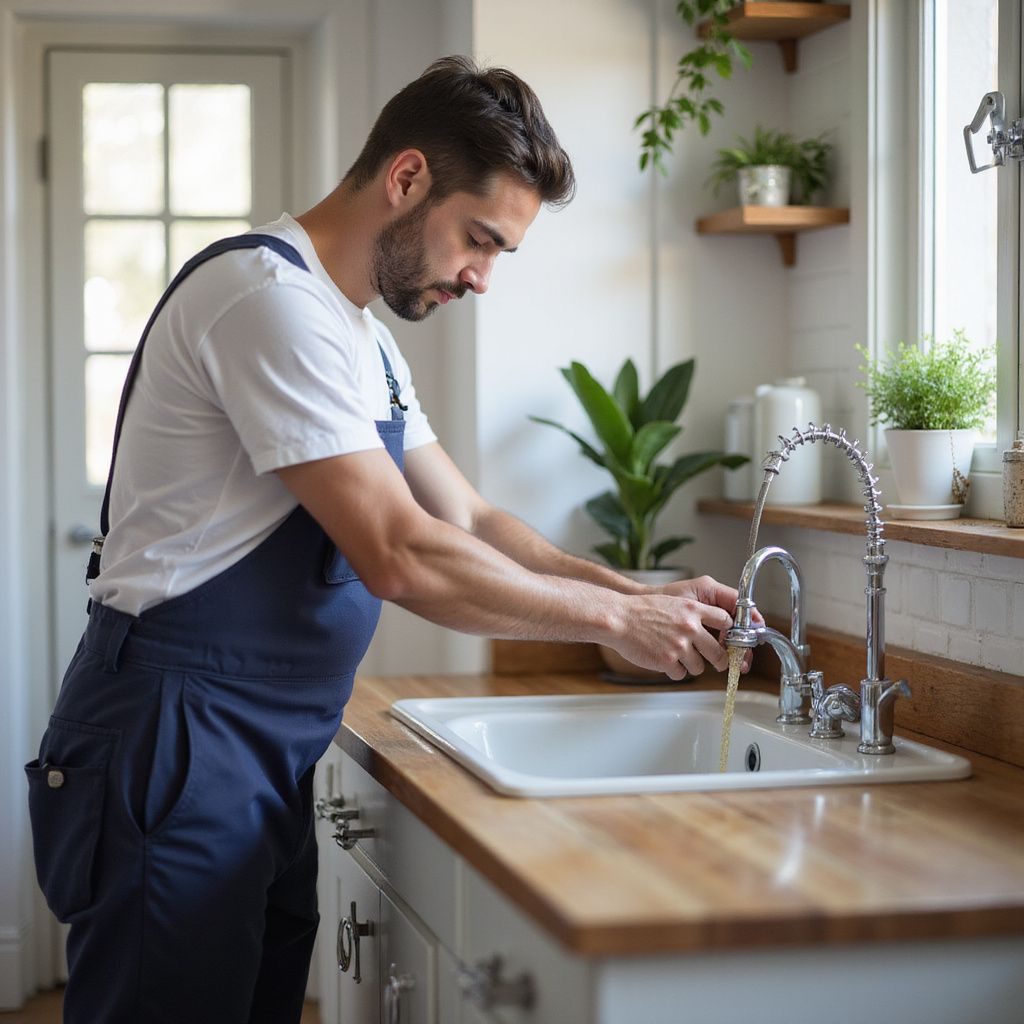 Plumber in blue overalls inspects a kitchen sink, testing the water flow.