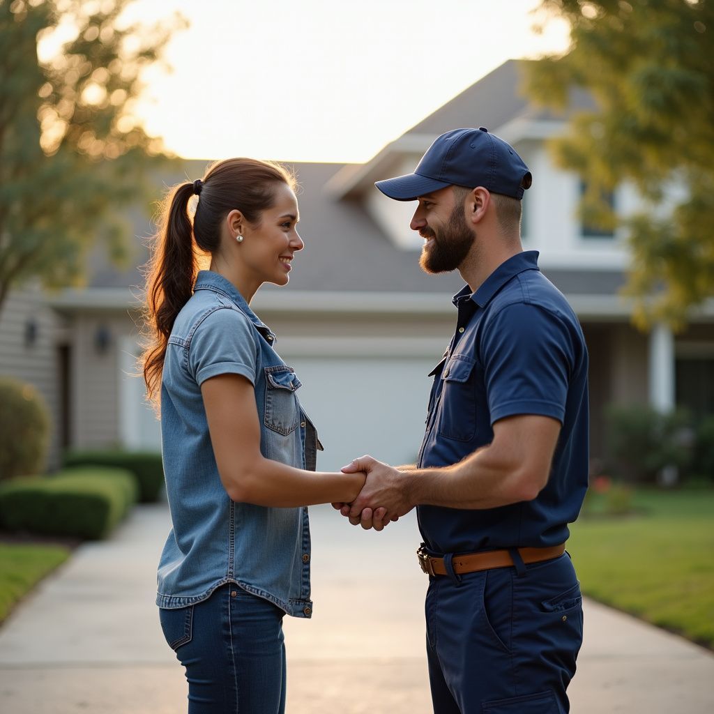 Woman and man shaking hands in front of a house. They are smiling. Sunlit, outdoor setting.