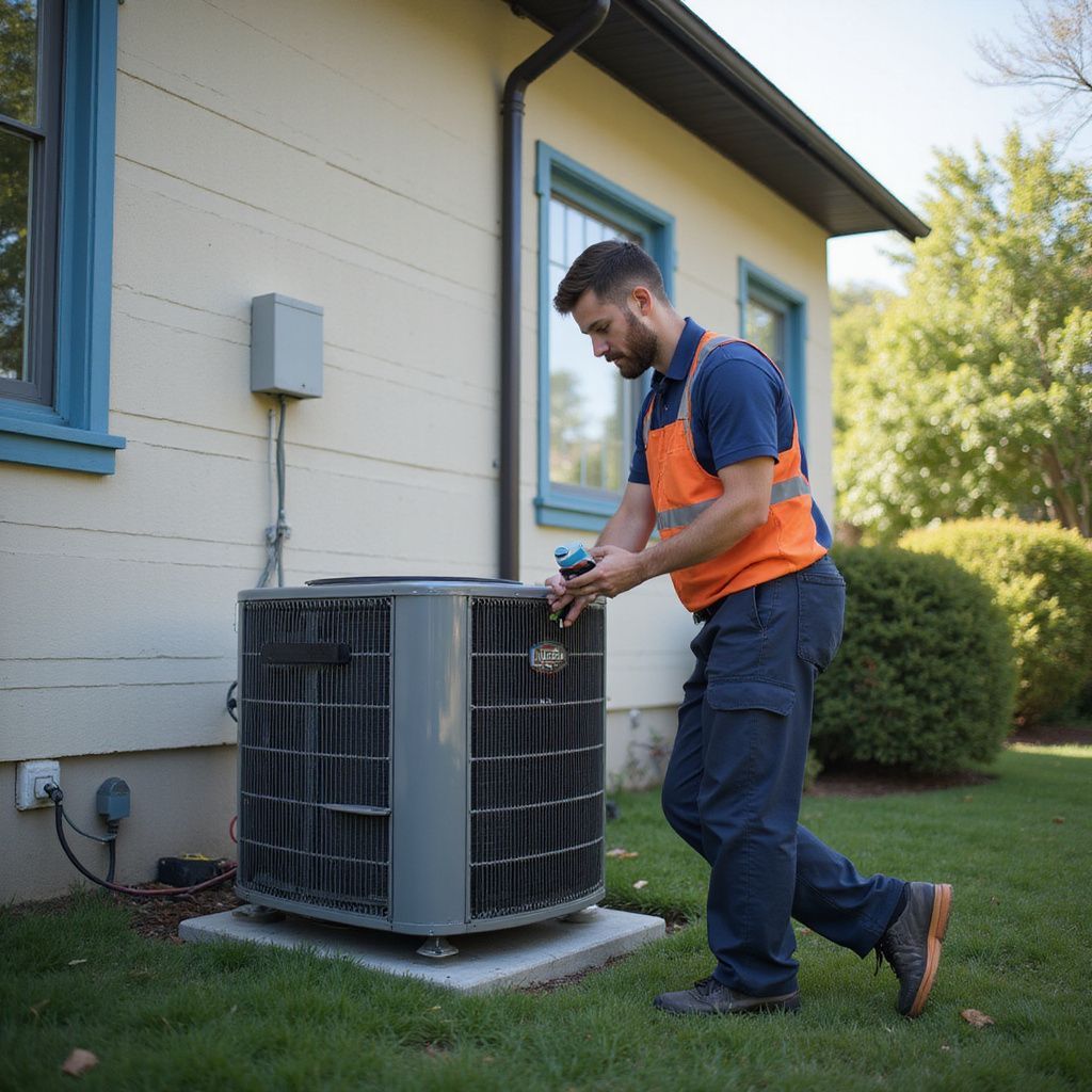 HVAC technician repairing an air conditioning unit outside a house.