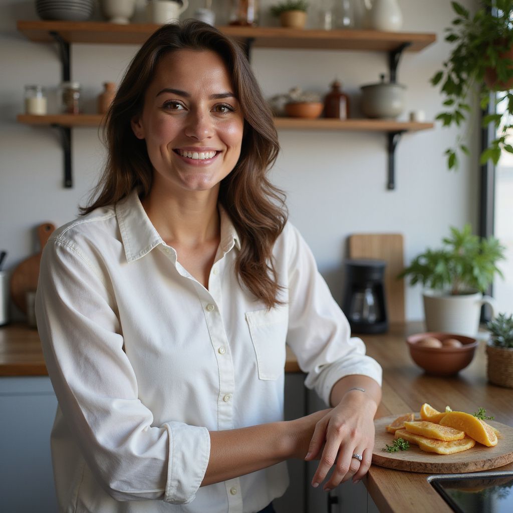 Woman smiling in a kitchen, leaning on a counter. Wooden shelves with items in the background, food in the foreground.