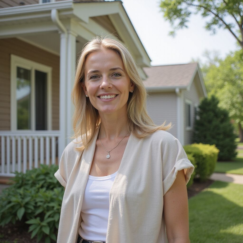Woman smiling in front of a house, wearing a white shirt and cream cardigan, standing on a lawn.