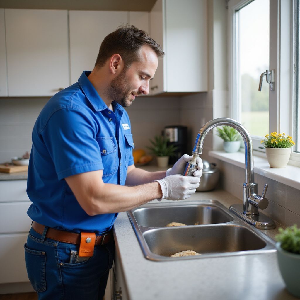 Plumber in blue shirt, wearing gloves, working on a kitchen sink.