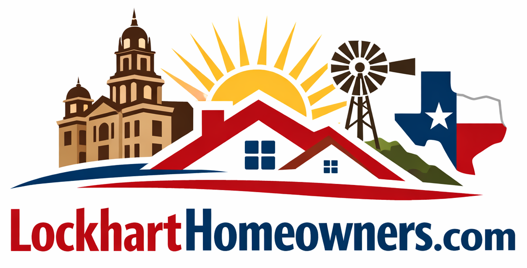 LockhartHomeowners.com logo: courthouse, windmill, Texas flag, sun over red-roofed houses, and website URL.