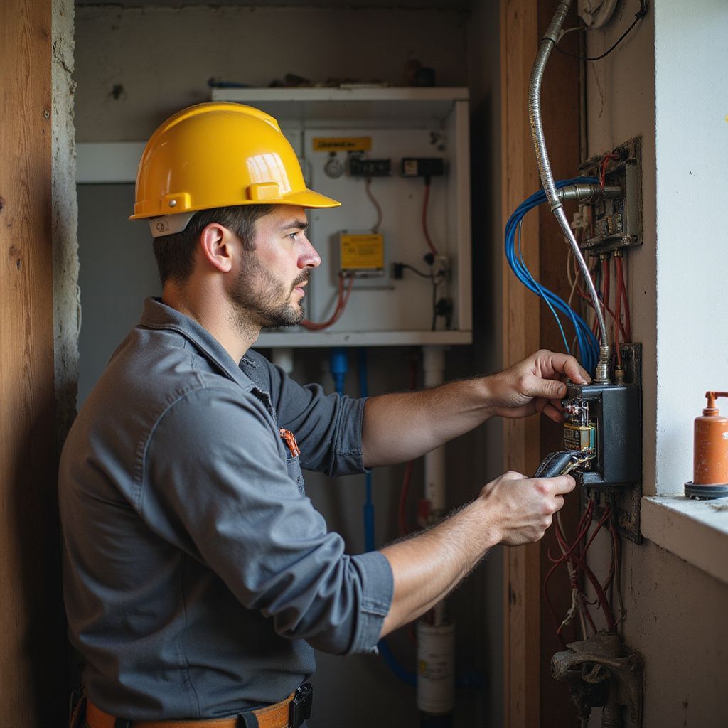 Electrician wearing a yellow hard hat working on wiring inside a utility box.