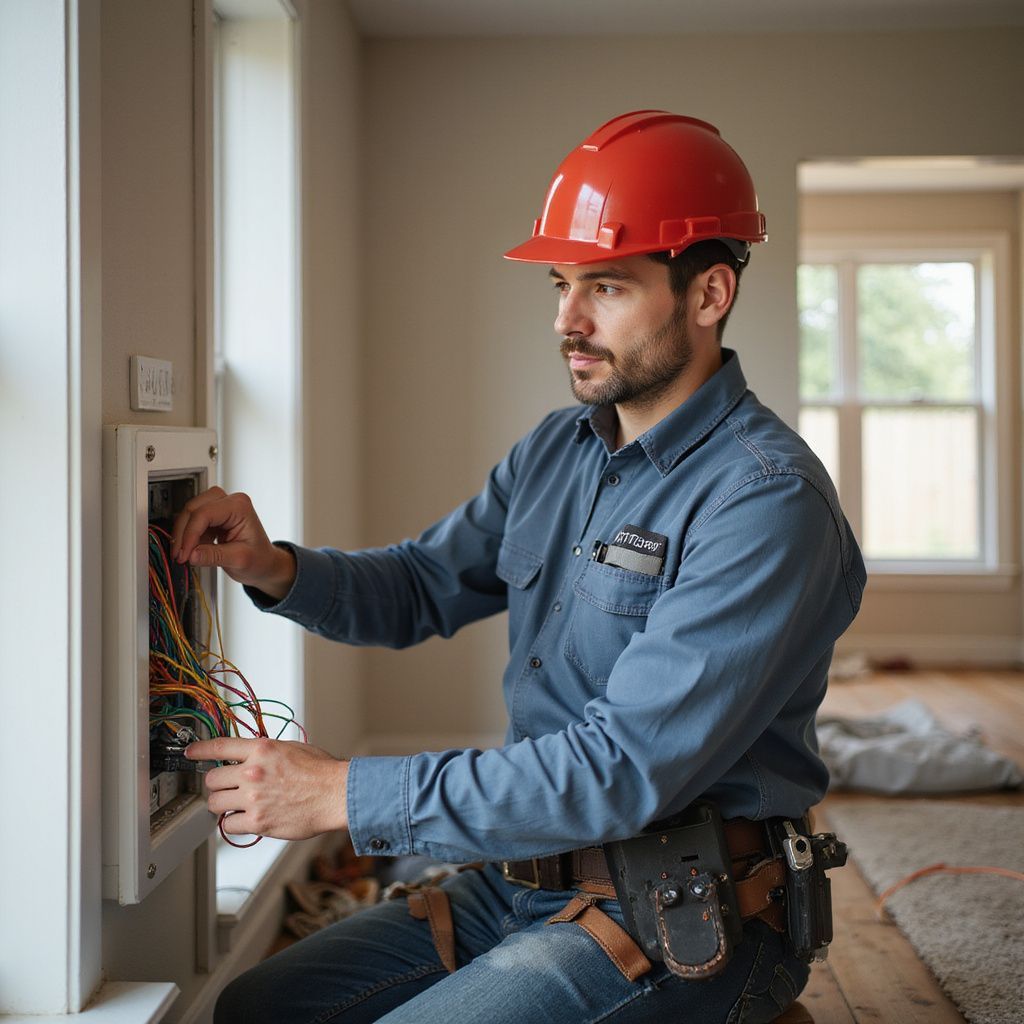 Electrician in a blue shirt and red hard hat working on an electrical panel.