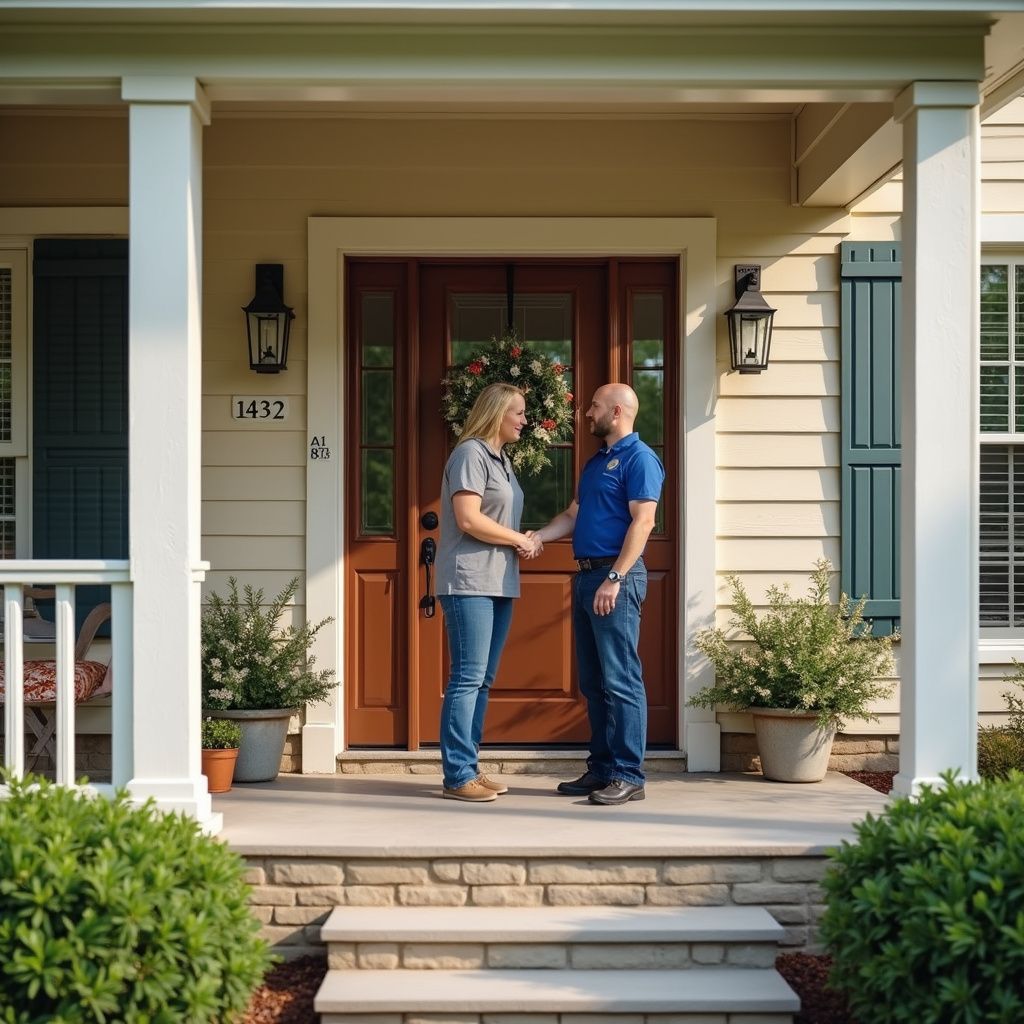 Woman and man shaking hands on a front porch of a house. Door has a wreath.