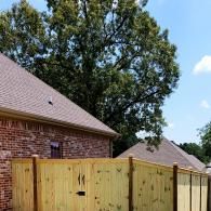 Backyard with wooden fence, brick house, and large tree under a blue sky