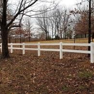 White fence along a leaf-covered yard with bare trees in a quiet park-like setting