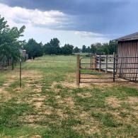 Open grassy field beside a shed and fenced pen under a cloudy sky