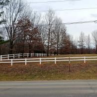 White fence along a grassy roadside with bare trees under a gray sky
