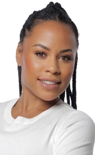 Woman with braided hair smiling, wearing a white sweater, looking at the viewer.