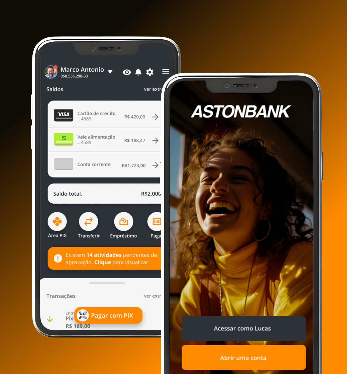 Dois smartphones exibindo o aplicativo AstonBank, um com a tela de login e o outro com a interface do usuário.
