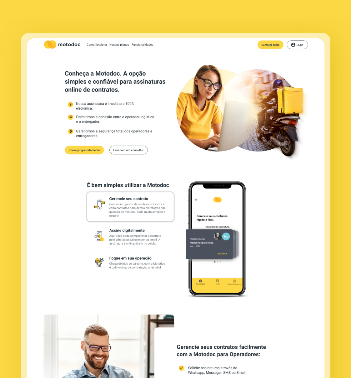 Interface do site e do aplicativo exibindo a cor amarela da marca, com elementos de interface do usuário e fotos de banco de imagens.
