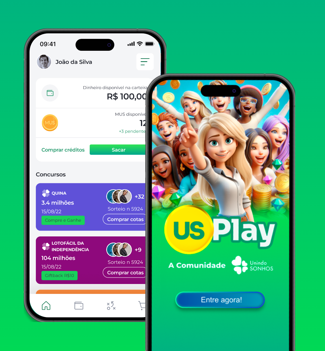 Dois smartphones exibindo interfaces de aplicativos: um com detalhes da conta, o outro com o logotipo 