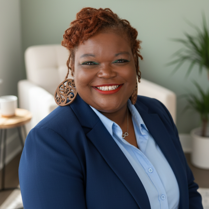Woman with orange-red hair and dark blue blazer smiling in an office setting.
