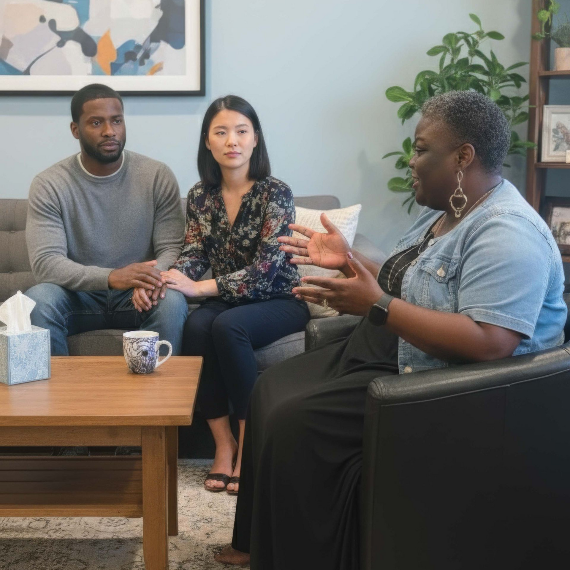 Man in red sweater and woman in therapy session. Woman covers face, appears distressed.