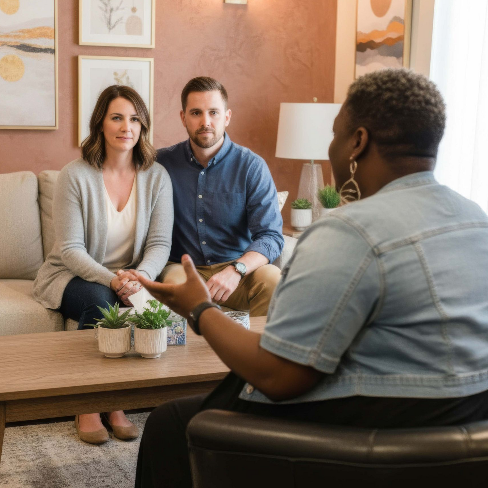 Therapist in a light-filled room consults a couple on a sofa; the couple are diverse and have gentle expressions.