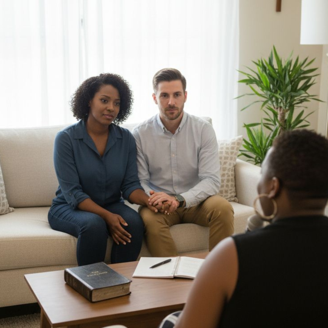 A therapist speaking to a couple on a couch. The therapist is black, the couple is white. Neutral setting.
