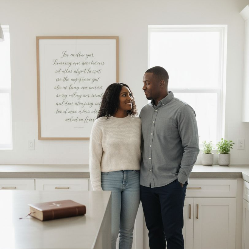 Wedding rings on hands over an open book, with a rose bouquet.