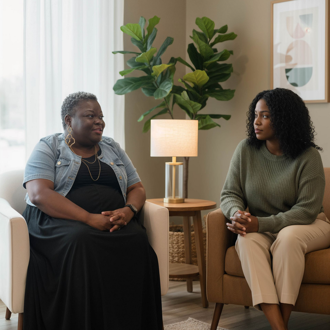 Man and woman in couple's therapy; the woman has her head in her hand, the therapist holds a notepad.