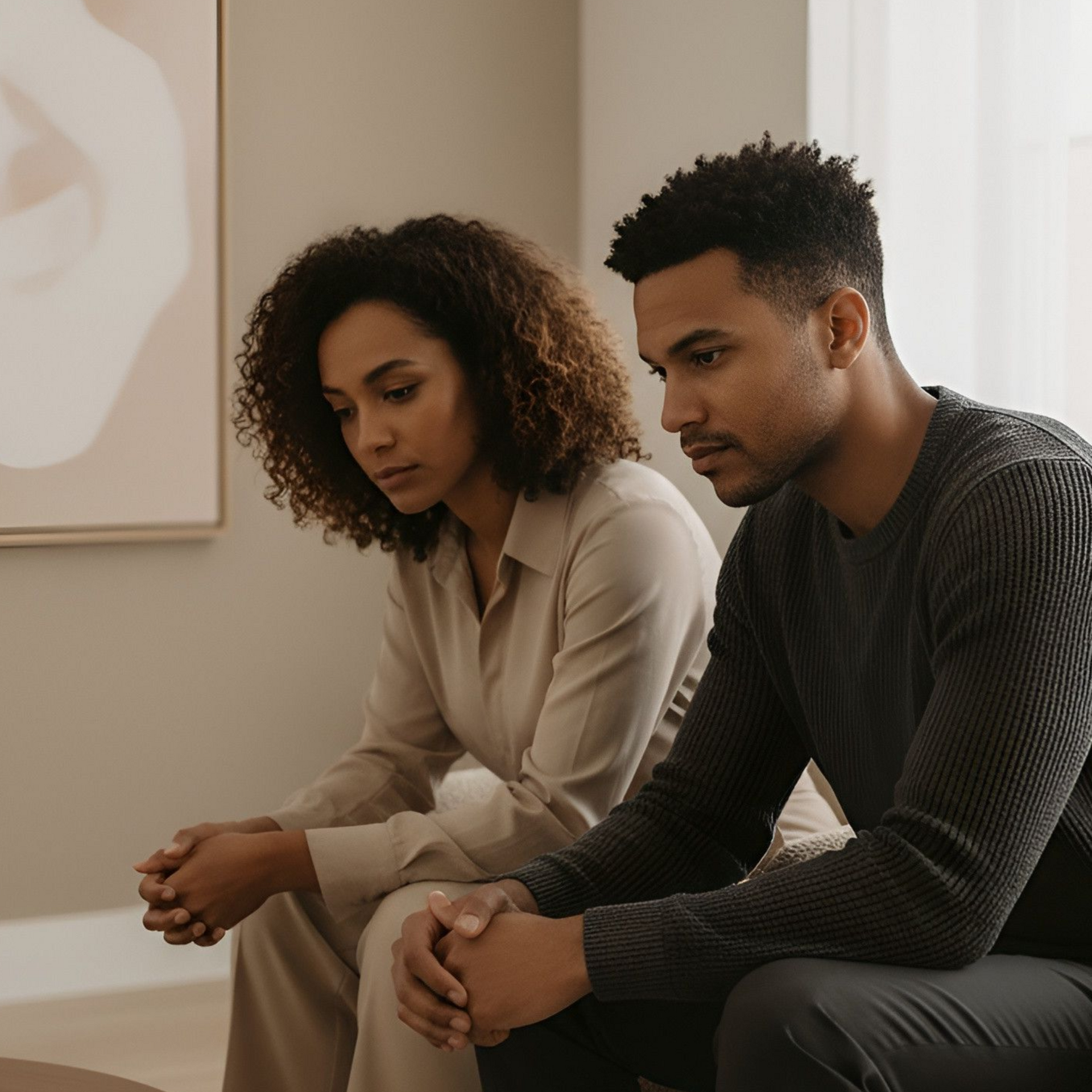 Couple holding hands, consulting a therapist on a sofa in a bright office.
