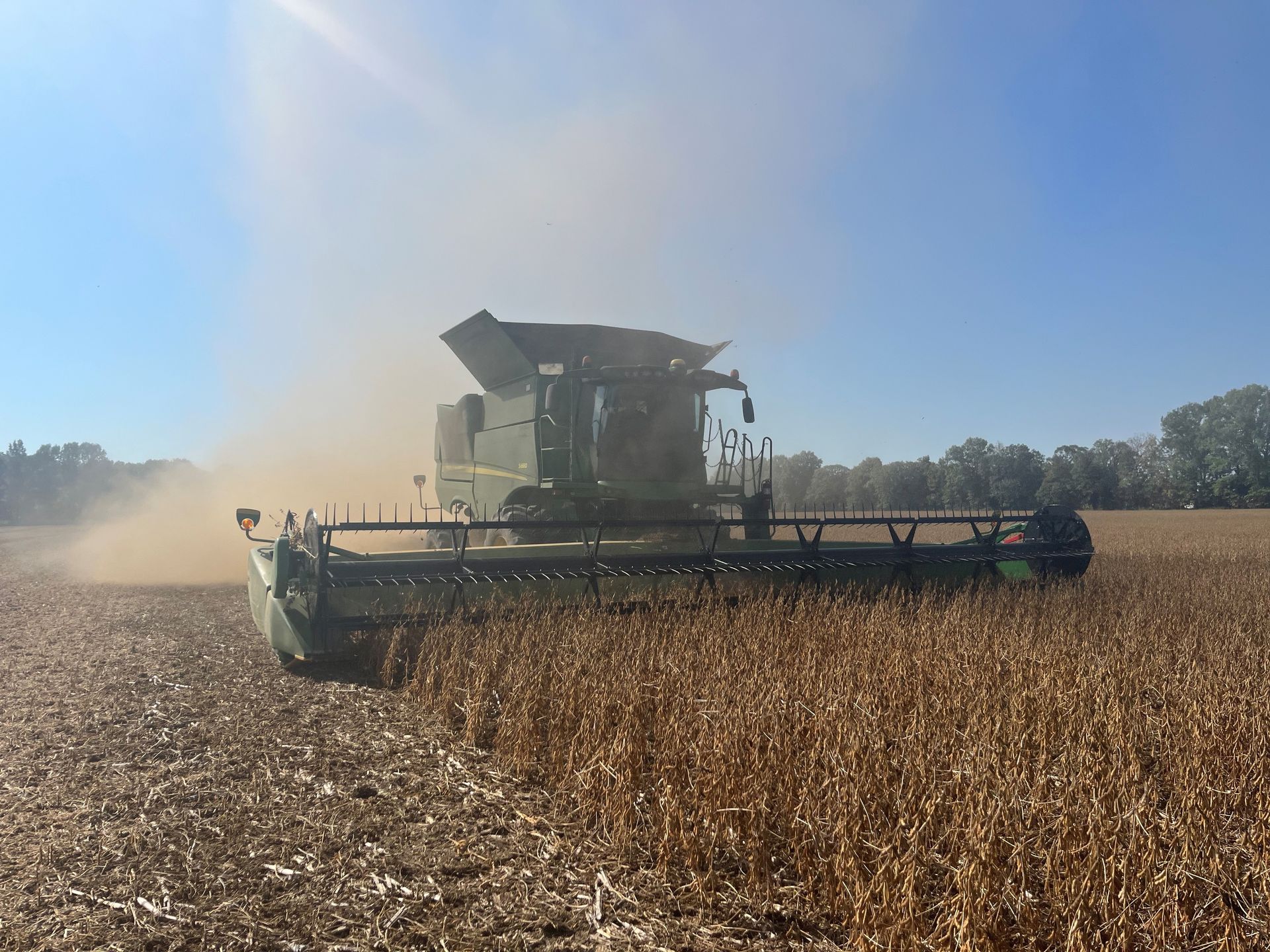 Combine harvesting soybeans in a Midwest field during fall.