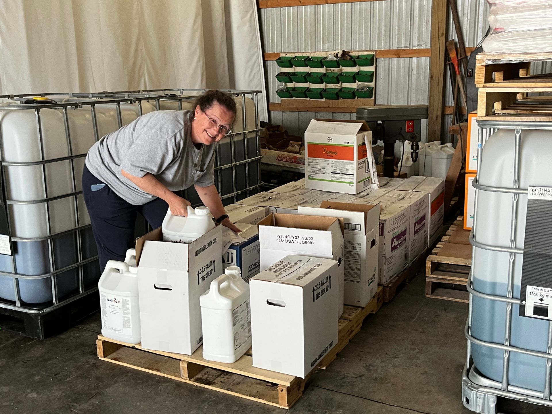 Boxes of agricultural inventory delivered to the Tri-Ag warehouse.