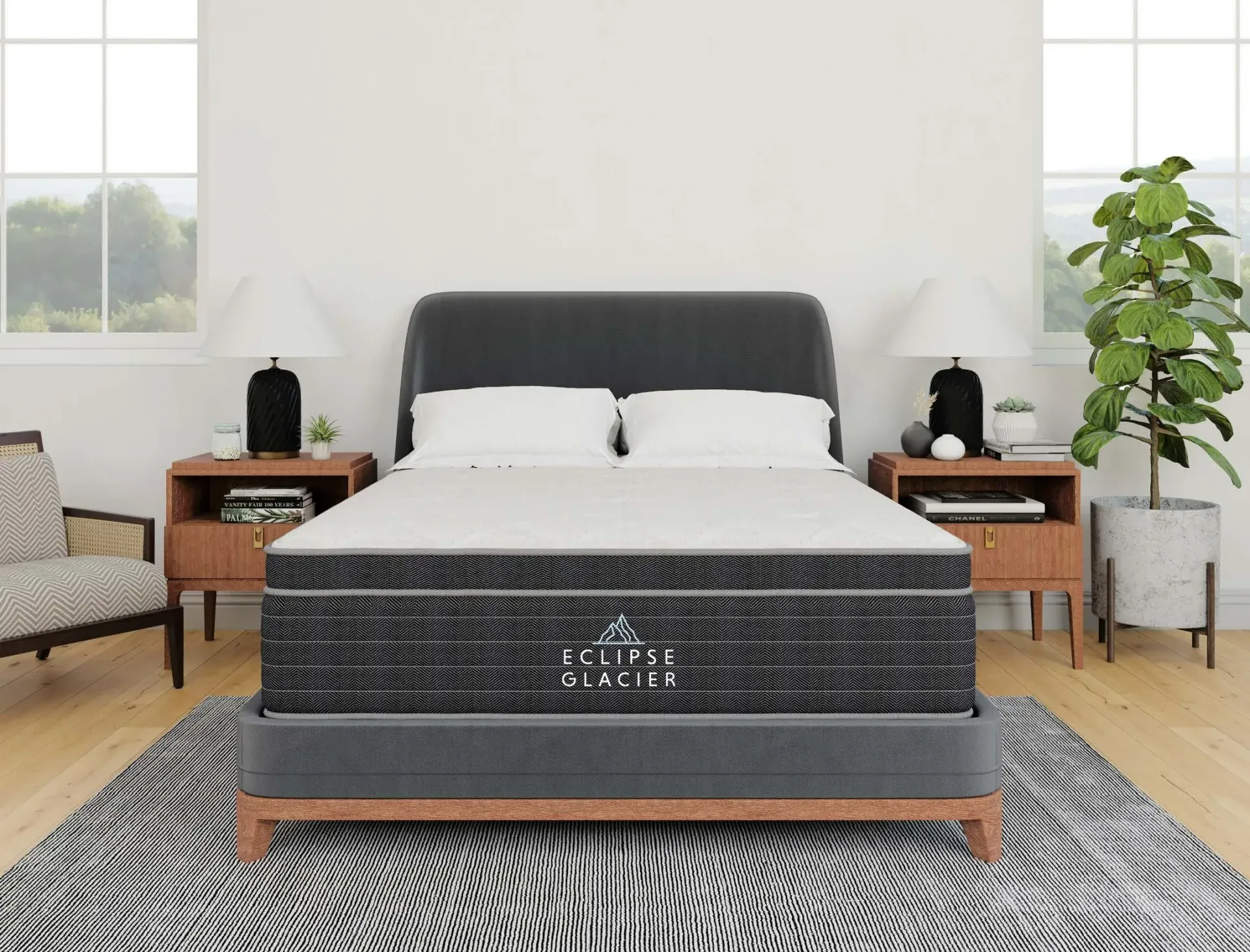 A bed with a mattress on top of it in a bedroom.