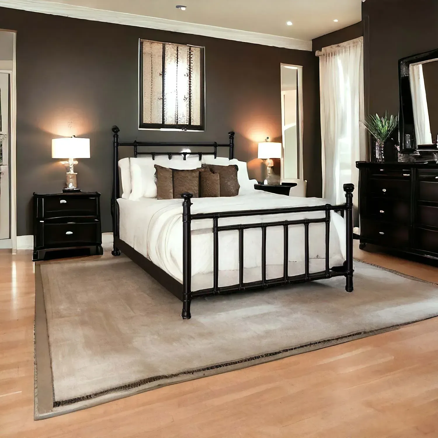 A bedroom with brown walls and a black bed