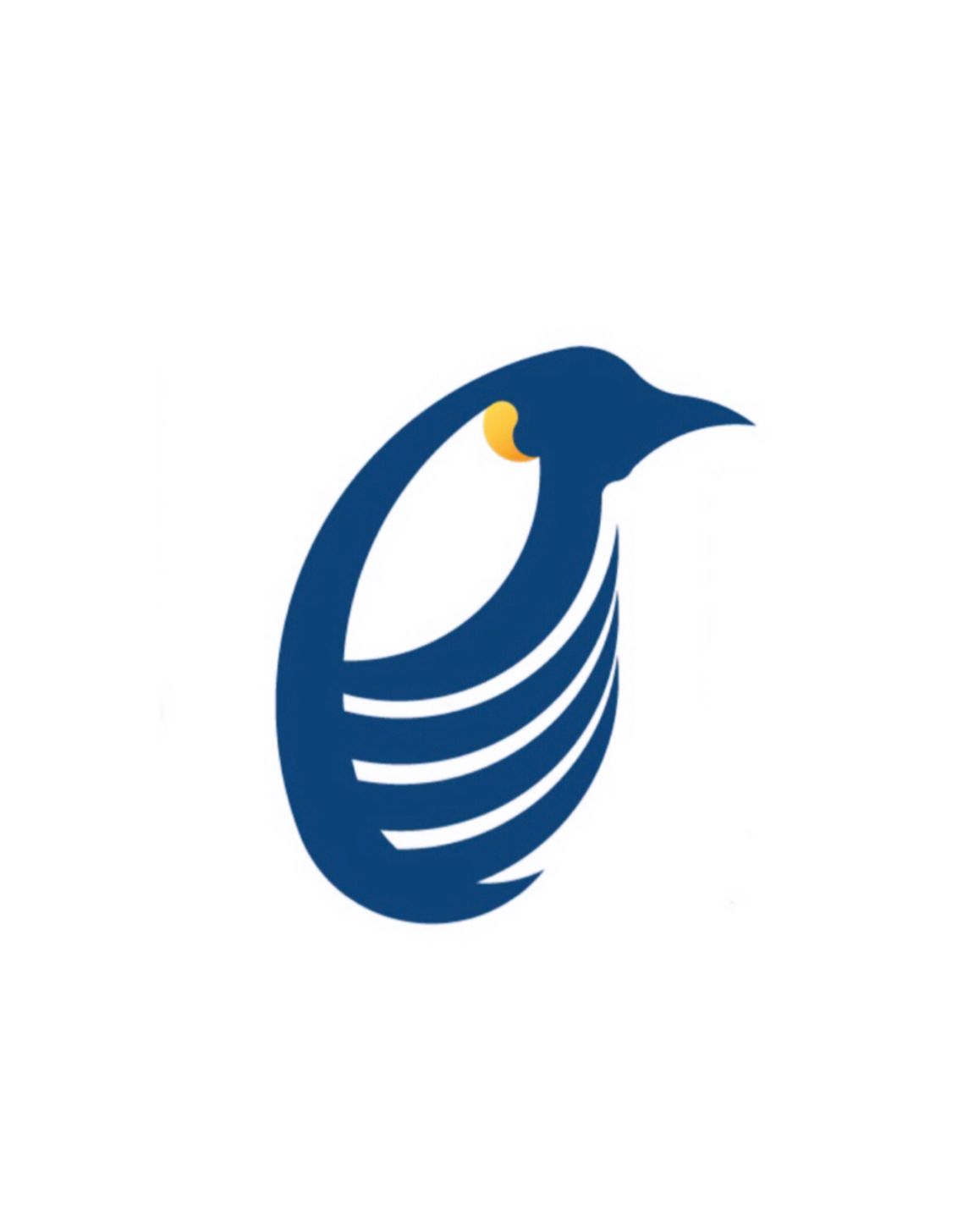 Blue penguin-shaped logo with yellow eye, white background.