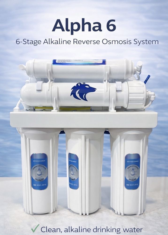 White Alpha 6 water filter system with 6 stages. Text: