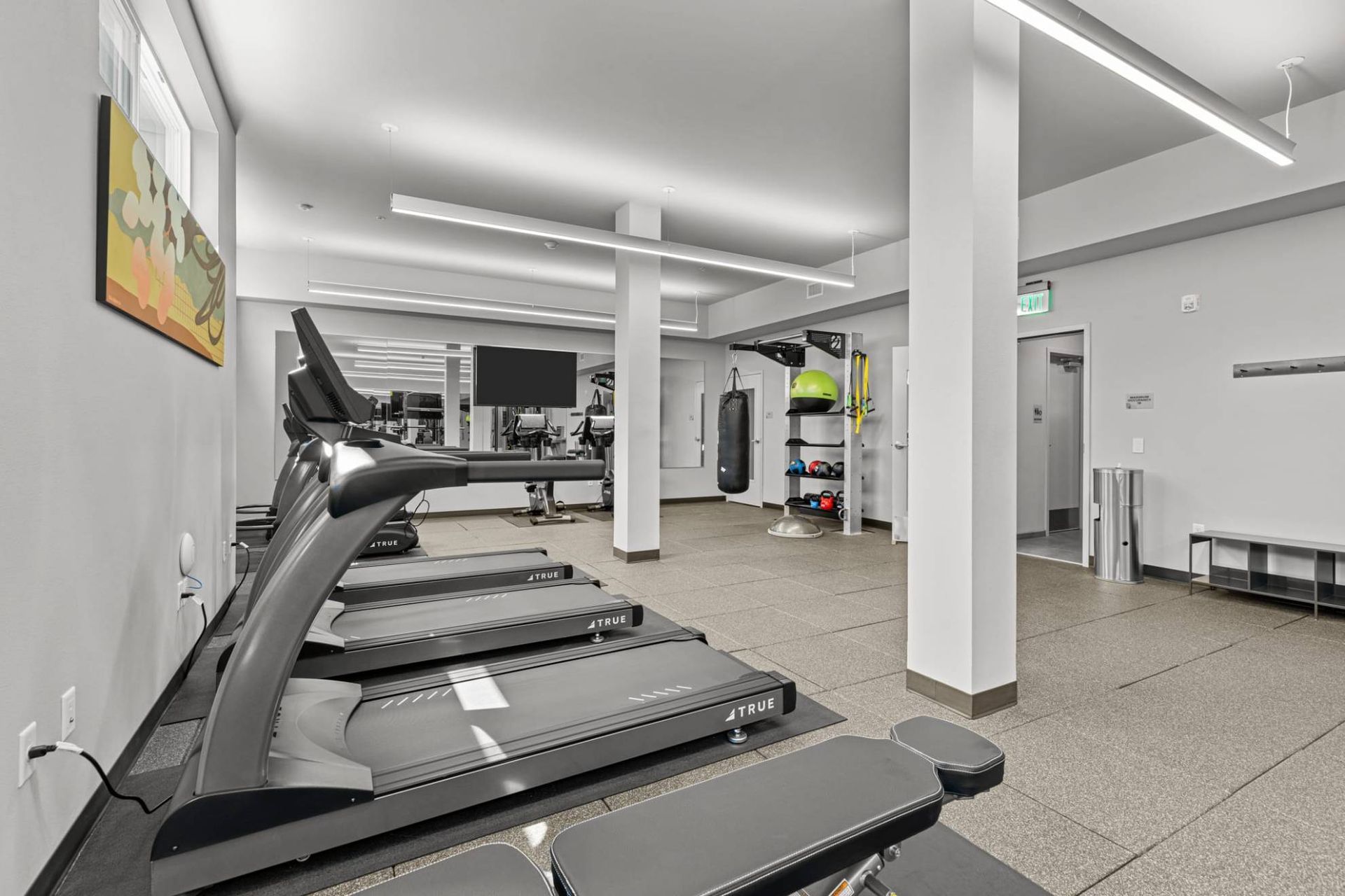 Gym interior with treadmills, a TV, and workout equipment.