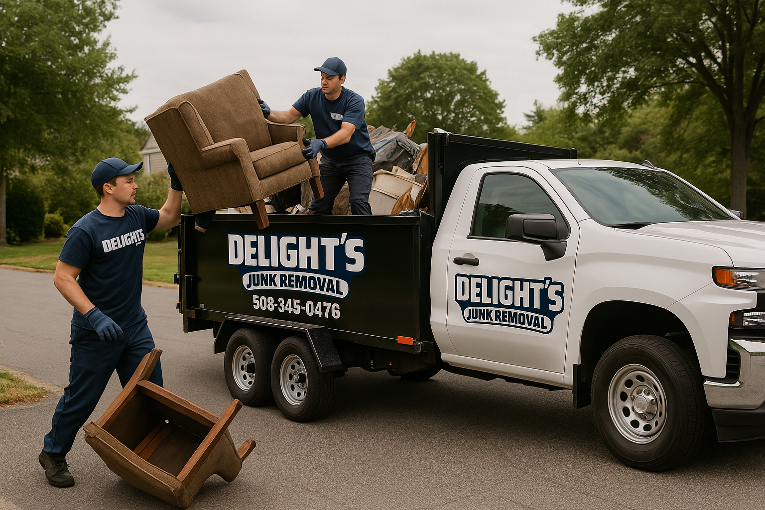 Two men loading furniture into a white truck with black dump bed.  Delight's Junk Removal logo on the truck.